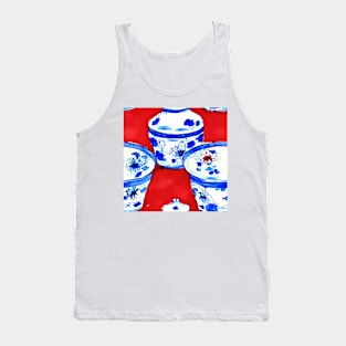 Blue and white chinoiserie bowls on red background Tank Top